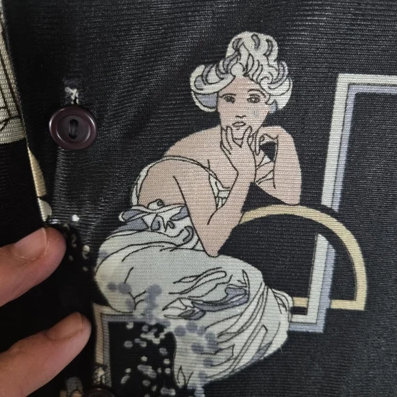 Vtg 70s Art Deco Woman Black Nylon Long Sleeve Shirt - Picture 3 of 8